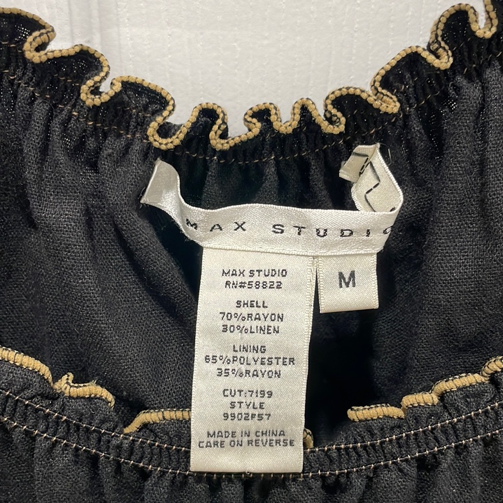 Max Studio Dress in navy blue with gold embroidery.